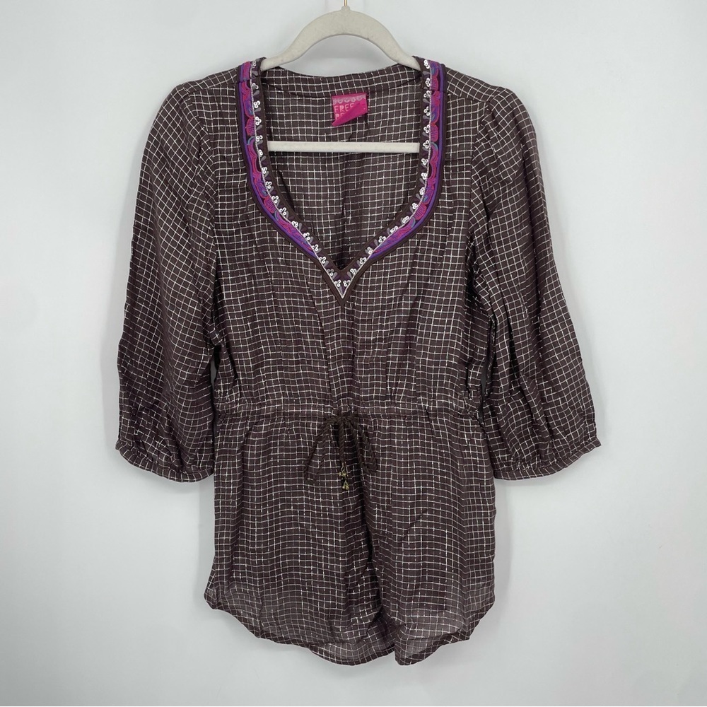 Vintage Free People Top Blouse India Silver Metallic‎ Deep V Plunge sz S
